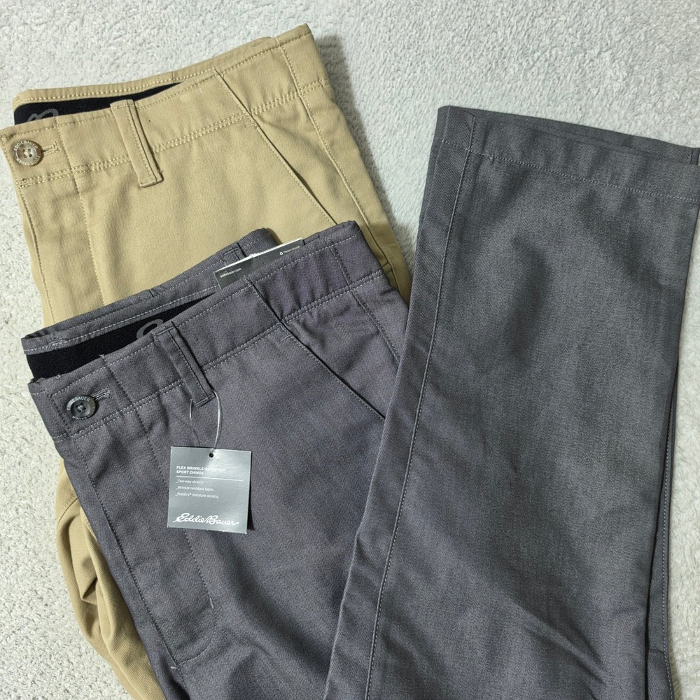 NEW 2 Pack! Eddie Bauer Sport Chinos Mens 35/30 Stretch Wrinkle Resistant